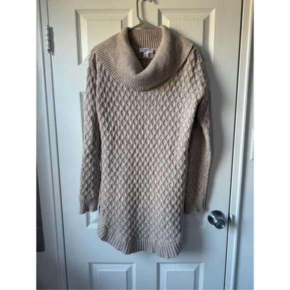 Motherhood Maternity Medium Turtle Neck Tunic Sweater Tan Cable Knit - Picture 1 of 3